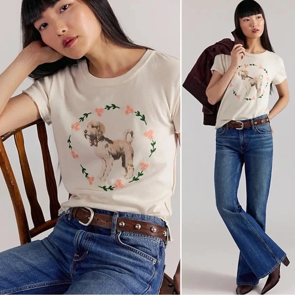 Free People We The Free “Fur Friend” Tee – Ivory Dog Graphic Floral – Size S NWT